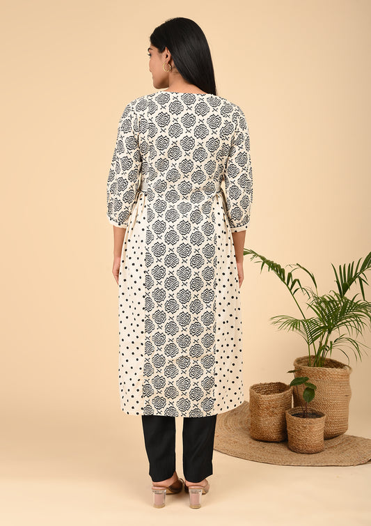 Elegant Black & White Printed A-Line Kurta with Polka Dot Panels