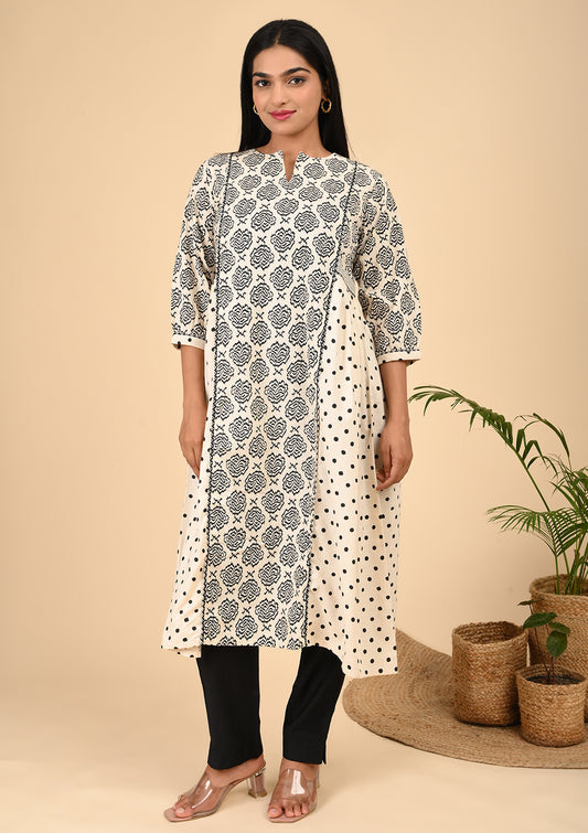 Elegant Black & White Printed A-Line Kurta with Polka Dot Panels