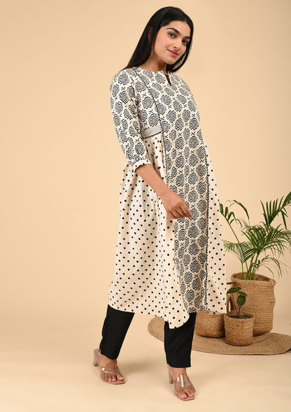 Elegant Black & White Printed A-Line Kurta with Polka Dot Panels