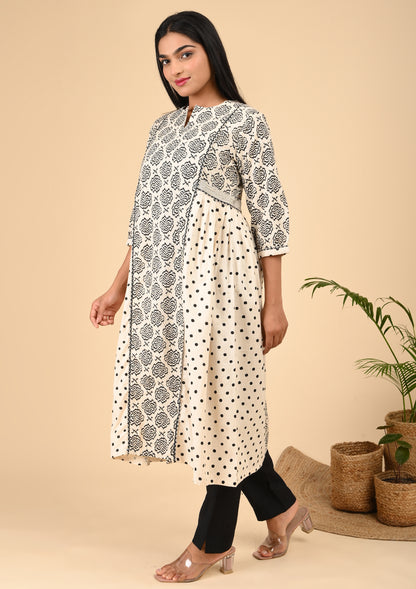 Elegant Black & White Printed A-Line Kurta with Polka Dot Panels