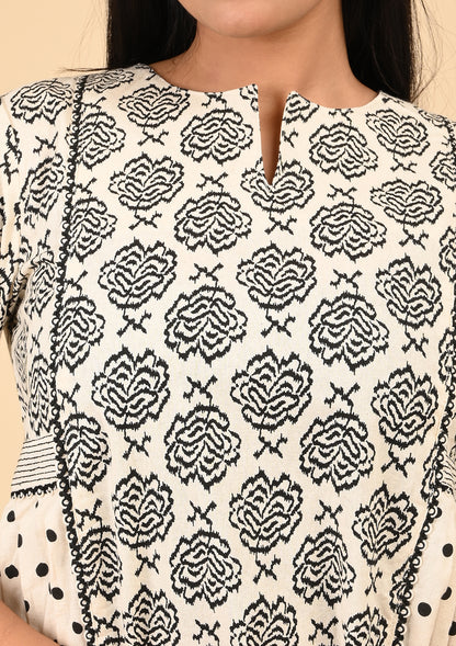 Elegant Black & White Printed A-Line Kurta with Polka Dot Panels