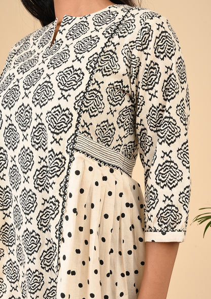 Elegant Black & White Printed A-Line Kurta with Polka Dot Panels