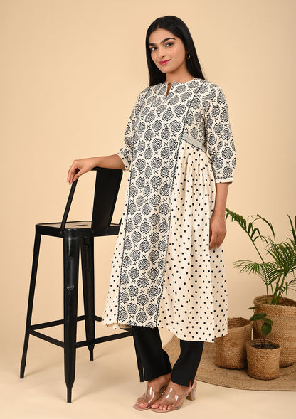 Elegant Black & White Printed A-Line Kurta with Polka Dot Panels