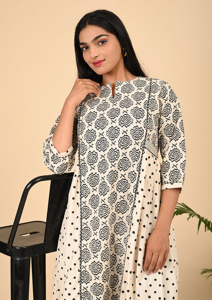 Elegant Black & White Printed A-Line Kurta with Polka Dot Panels