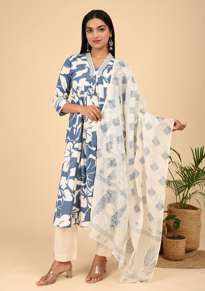 Blue Printed A - Line Kurta Sets