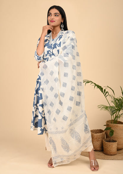 Blue Printed A - Line Kurta Sets
