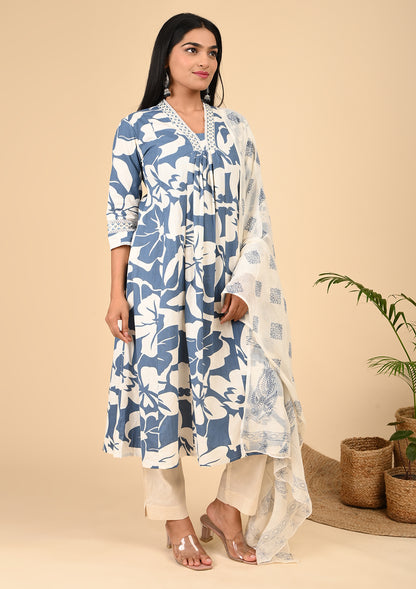 Blue Printed A - Line Kurta Sets