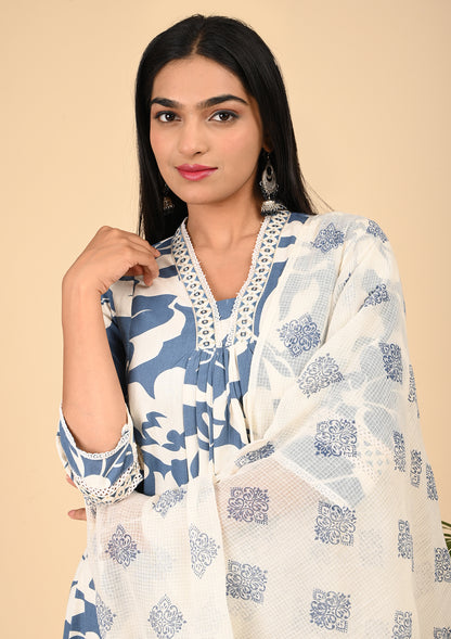Blue Printed A - Line Kurta Sets