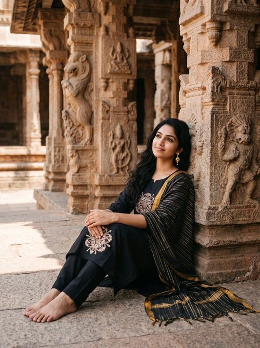 Black Embroidered Straight Kurta Set with Striped Designer Dupatta