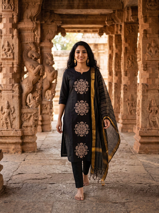 Black Embroidered Straight Kurta Set with Striped Designer Dupatta