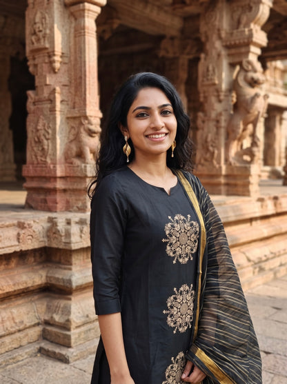Black Embroidered Straight Kurta Set with Striped Designer Dupatta