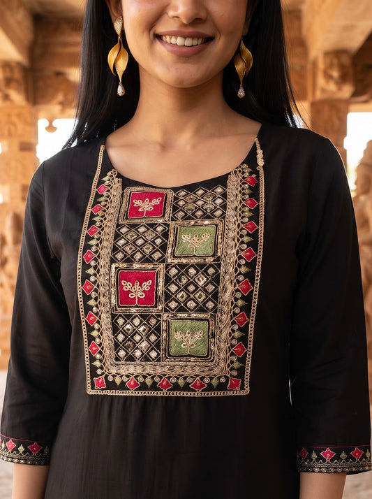 Elegant Black Embroidered Kurta Set with Pink Floral Digital Dupatta