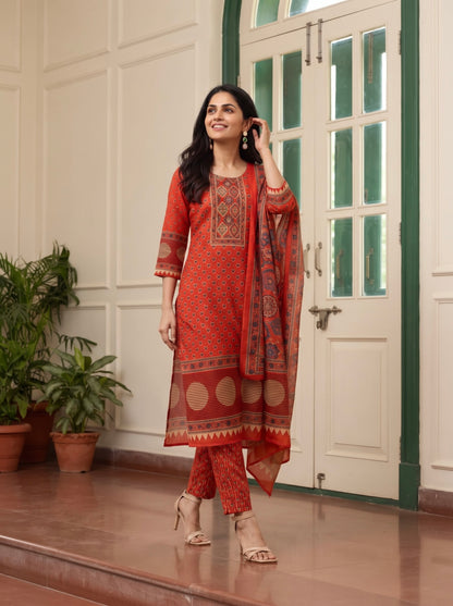 Rust Orange Ajrak Printed Kurta Set with Matching Dupatta
