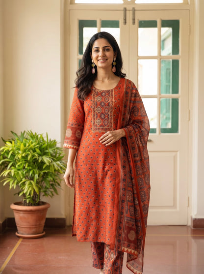 Rust Orange Ajrak Printed Kurta Set with Matching Dupatta
