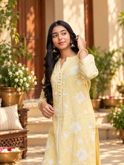 Pastel Yellow Floral Embroidered Straight Kurta Set