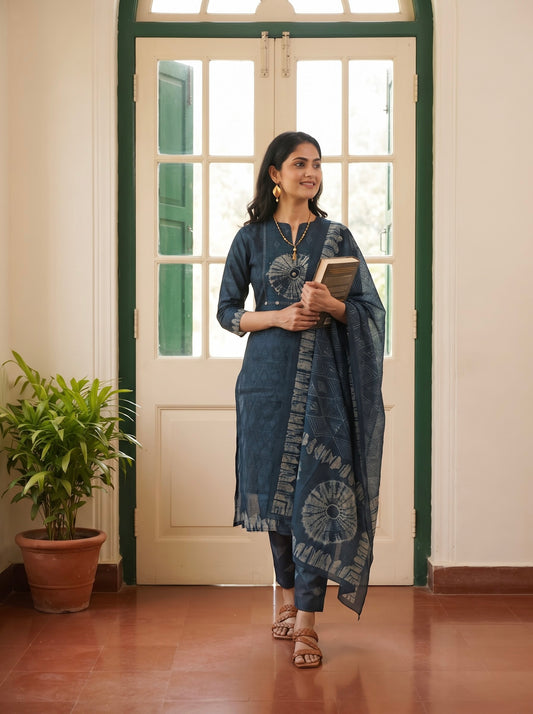 Indigo Blue Printed Straight Kurta Set with Coordinated Dupatta