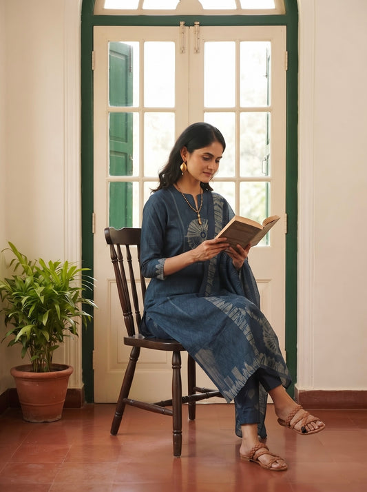 Indigo Blue Printed Straight Kurta Set with Coordinated Dupatta