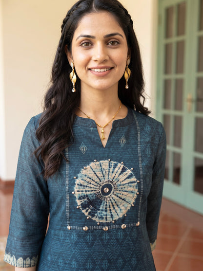 Indigo Blue Printed Straight Kurta Set with Coordinated Dupatta