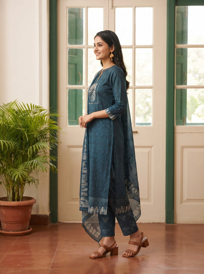 Indigo Blue Printed Straight Kurta Set with Coordinated Dupatta