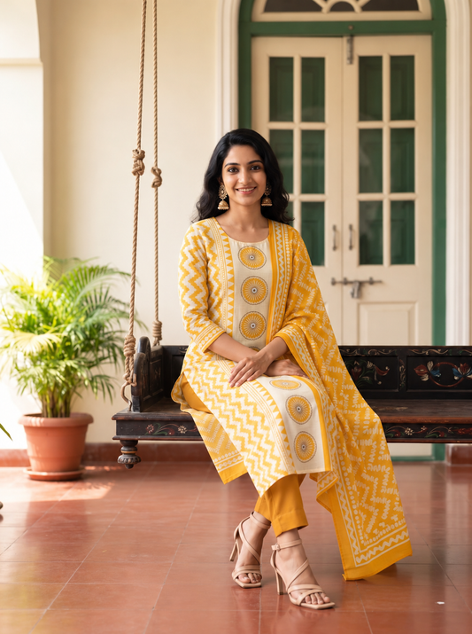 Mustard Yellow Printed Straight Kurta Set with Matching Dupatta