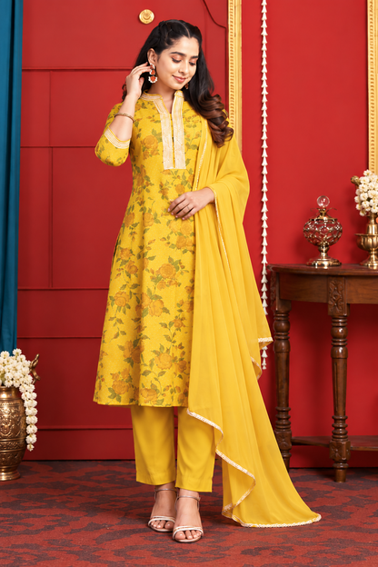 Mustard Yellow Floral Printed Kurta Set with Dupatta