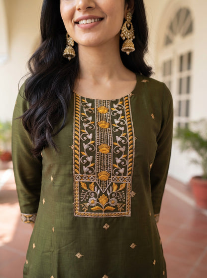 Olive Green Straight Kurta Set with Mustard Yellow Dupatta