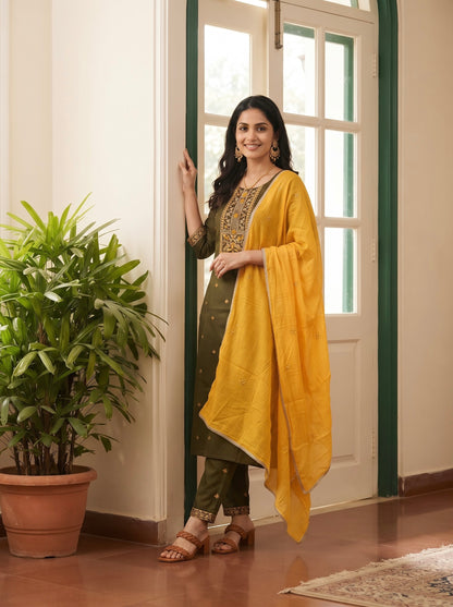 Olive Green Straight Kurta Set with Mustard Yellow Dupatta