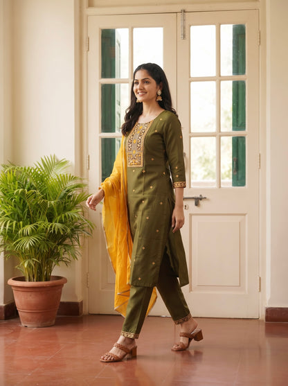 Olive Green Straight Kurta Set with Mustard Yellow Dupatta