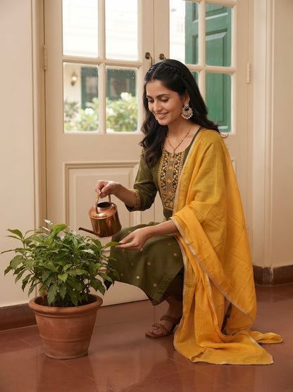 Olive Green Straight Kurta Set with Mustard Yellow Dupatta