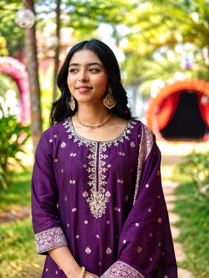 Purple Floral Brocade Anarkali Suit with Matching Dupatta