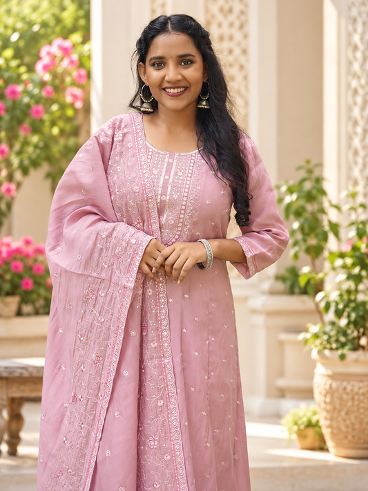 Dusty Pink Embroidered Anarkali Set with Matching Dupatta
