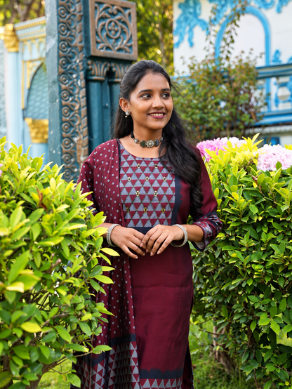 Maroon Geometric Print Straight Kurta Set with Dupatta