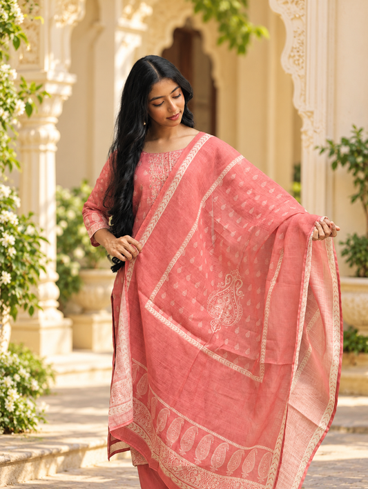 Coral Pink Embroidered Straight Kurta with Printed Dupatta