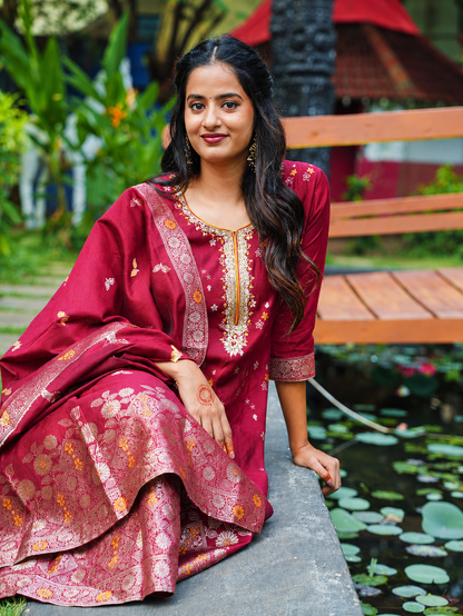 Maroon Floral Brocade Anarkali Suit with Matching Dupatta