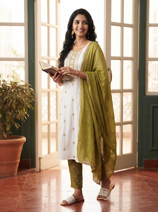 Ivory Straight Kurta Set with Olive Green Embroidered Dupatta