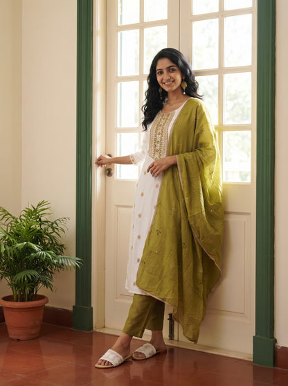 Ivory Straight Kurta Set with Olive Green Embroidered Dupatta