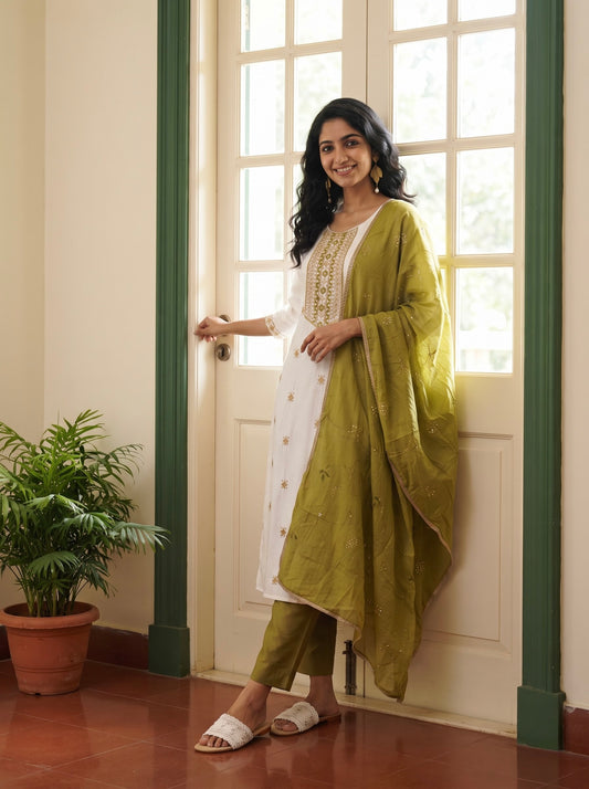 Ivory Straight Kurta Set with Olive Green Embroidered Dupatta