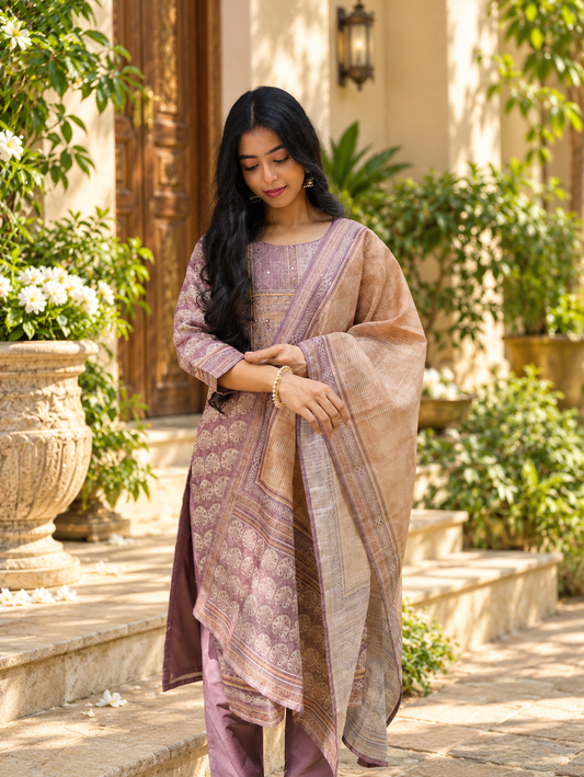 Mauve Purple Printed Straight Kurta Set with Beige Dupatta