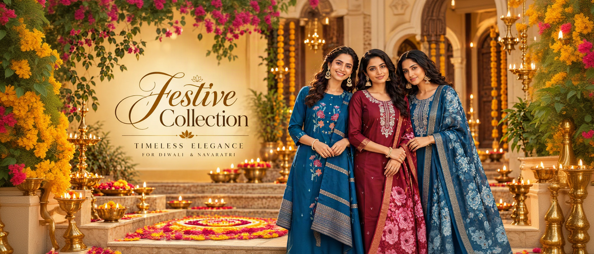Three women posing in traditional Indian salwar kameez suits from Festive Collection, set against a warm, decorated background with marigold garlands and oil lamps. The suits are in blue, maroon, and teal with intricate embroidery.