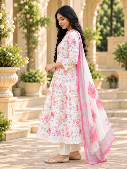 White Floral Printed Schiffli Kurta Set with Pink Border Dupatta