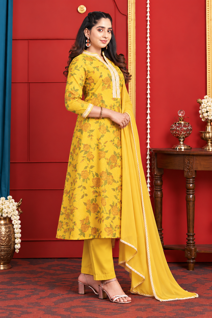 Mustard Yellow Floral Printed Kurta Set with Dupatta