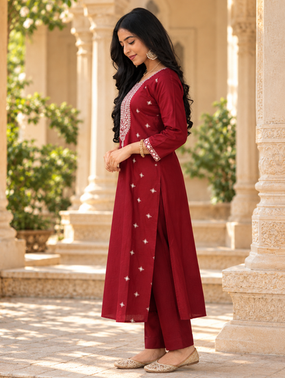 Deep Maroon Straight Kurta with Intricate Sliver Embroidery