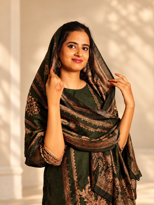 Mid Night Green Straight Kurta Set with Antique Copper Printed Dupatta