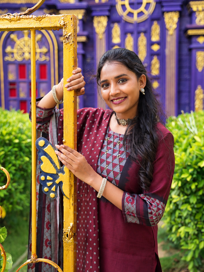 Maroon Geometric Print Straight Kurta Set with Dupatta
