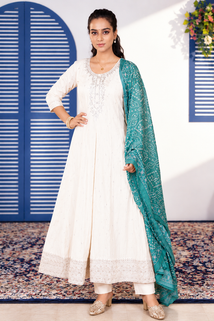 Off-White Anarkali Suit with Teal Green Printed Dupatta