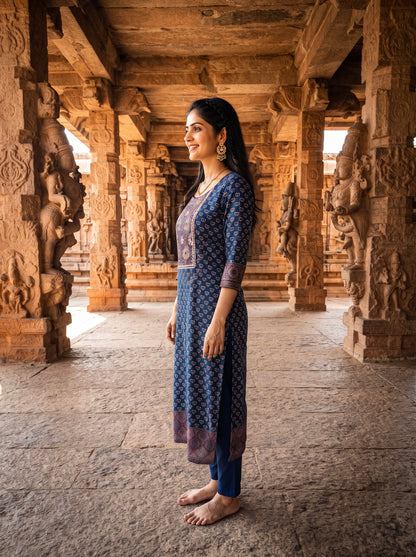 Elegant Navy Blue Ajrak Printed Kurta Set with Matching Dupatta