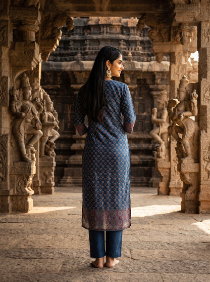 Elegant Navy Blue Ajrak Printed Kurta Set with Matching Dupatta