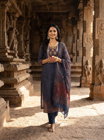 Elegant Navy Blue Ajrak Printed Kurta Set with Matching Dupatta