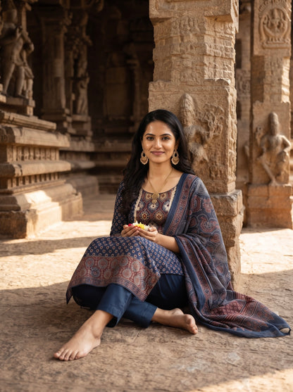 Elegant Navy Blue Ajrak Printed Kurta Set with Matching Dupatta