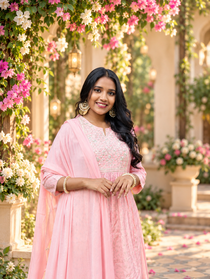 Elegant Baby Pink Embroidered Anarkali Kurta Set with Dupatta